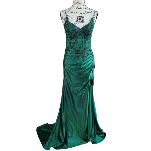 NWT Stacees emerald green gown corset top embroidered lace mesh sheer prom homec - Picture 1 of 16